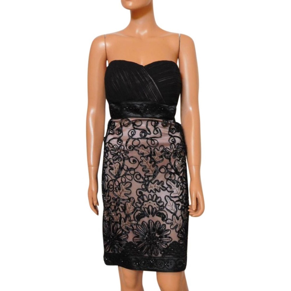 NEW Sue Wong Ribbon Trim Illusion Beaded Dress